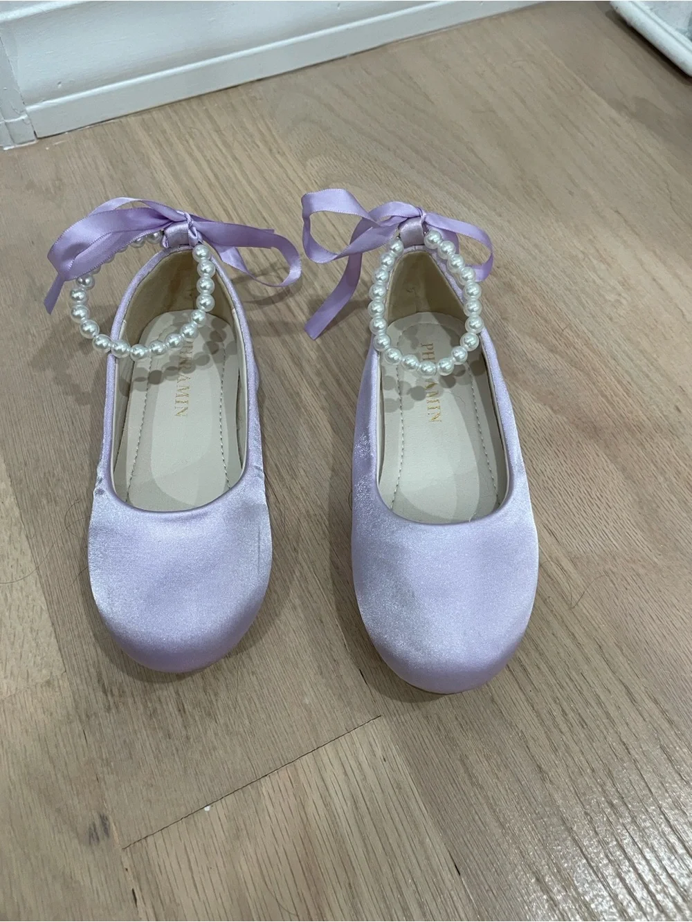 Toddler Girls Purple Satin Pearl-Ankle Ballet Flats